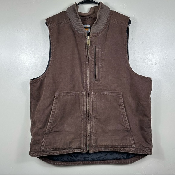 CARHARTT MEN’S LOOSE FIT WASHED DUCK INSULATED RIB COLLAR VEST DARK BROWN LARGE - Picture 1 of 7